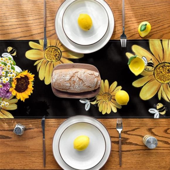 Bee Sunflower Table Runner Black, Home Decor 13 x 72" Black - Picture 4 of 6